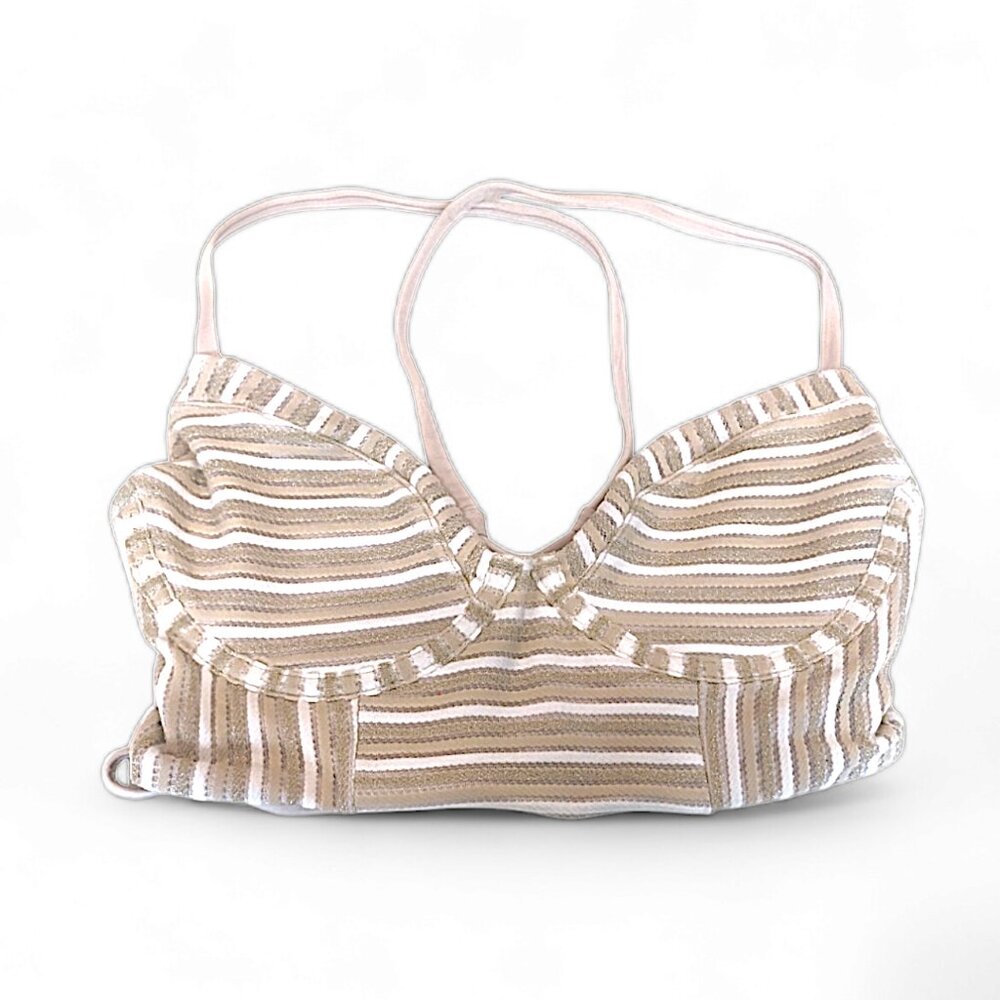 PQ Swim Sz Sm NEW EARTH Corset Bralette Bikini Top Lace Up Striped Beige